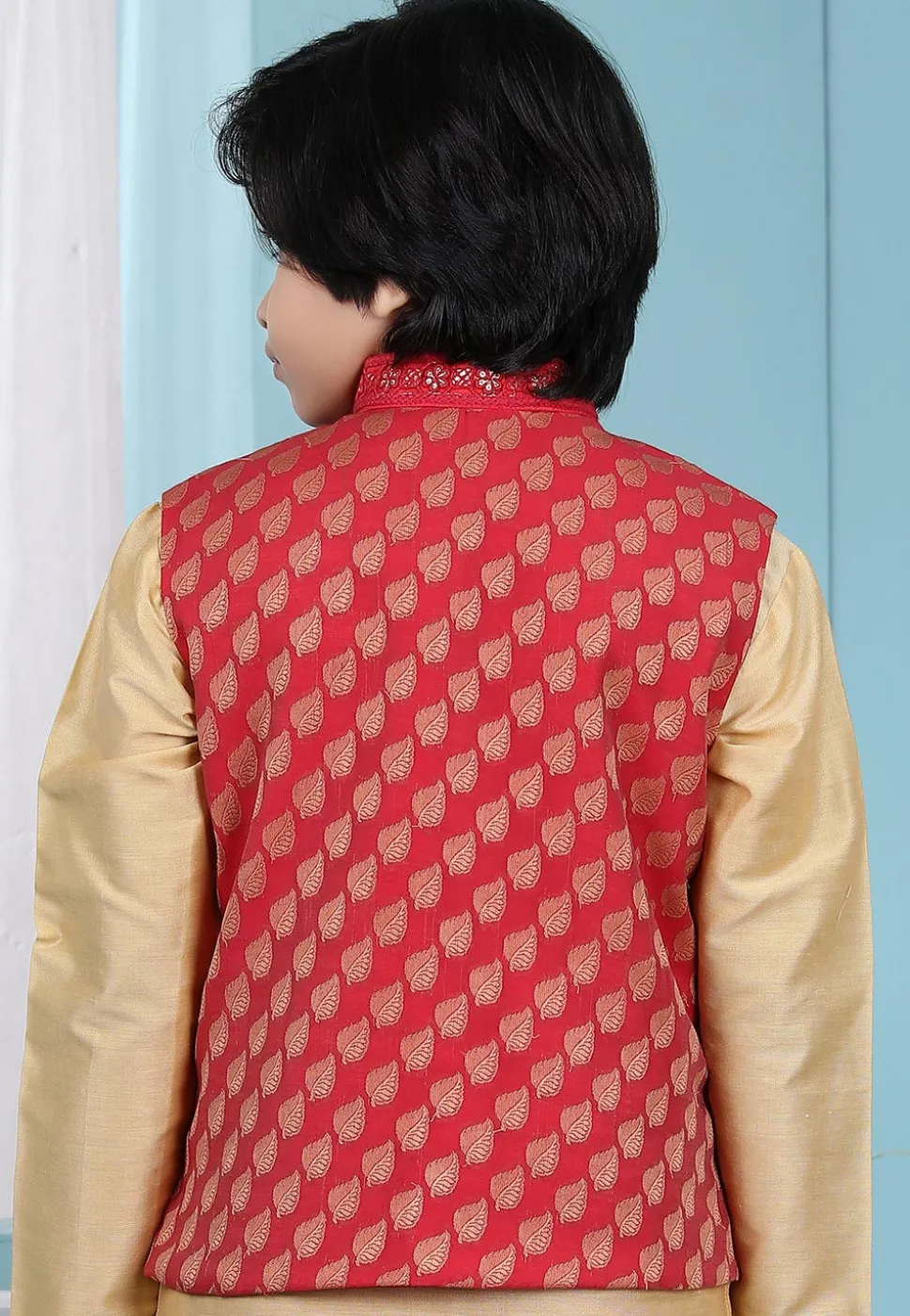 Woven Chanderi Silk Jacquard Nehru Jacket in Red