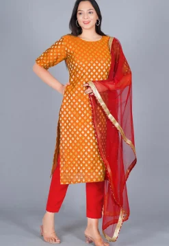 Woven Chanderi Silk Jacquard Pakistani Suit in Orange