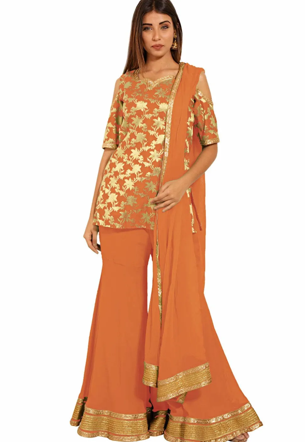 Woven Chanderi Silk Jacquard Pakistani Suit in Orange