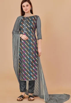 Woven Chanderi Silk Jacquard Pakistani Suit in Grey