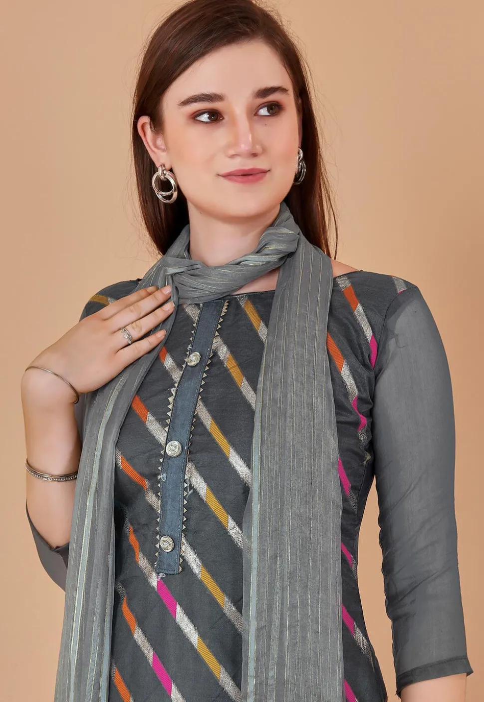 Woven Chanderi Silk Jacquard Pakistani Suit in Grey