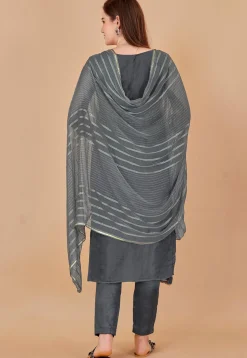 Woven Chanderi Silk Jacquard Pakistani Suit in Grey