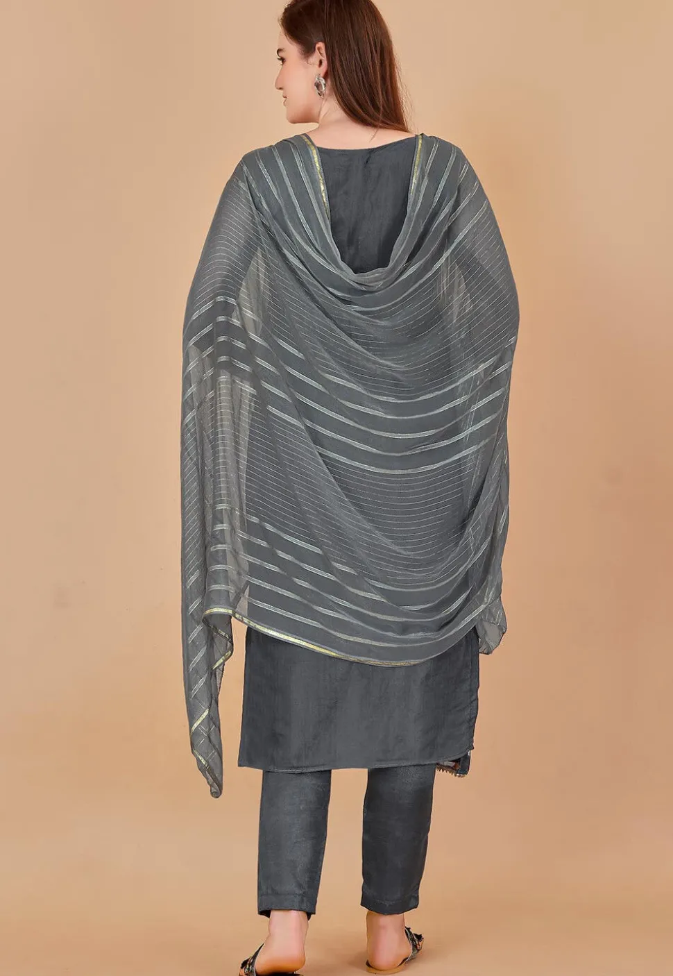 Woven Chanderi Silk Jacquard Pakistani Suit in Grey