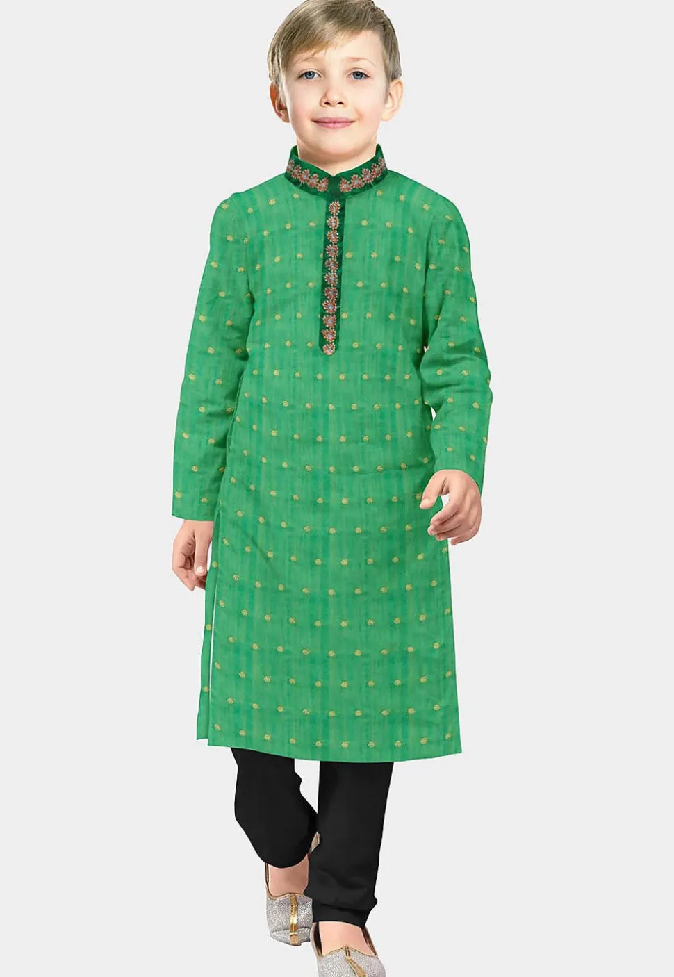 Woven Chanderi Silk Jacquard Kurta Set in Green
