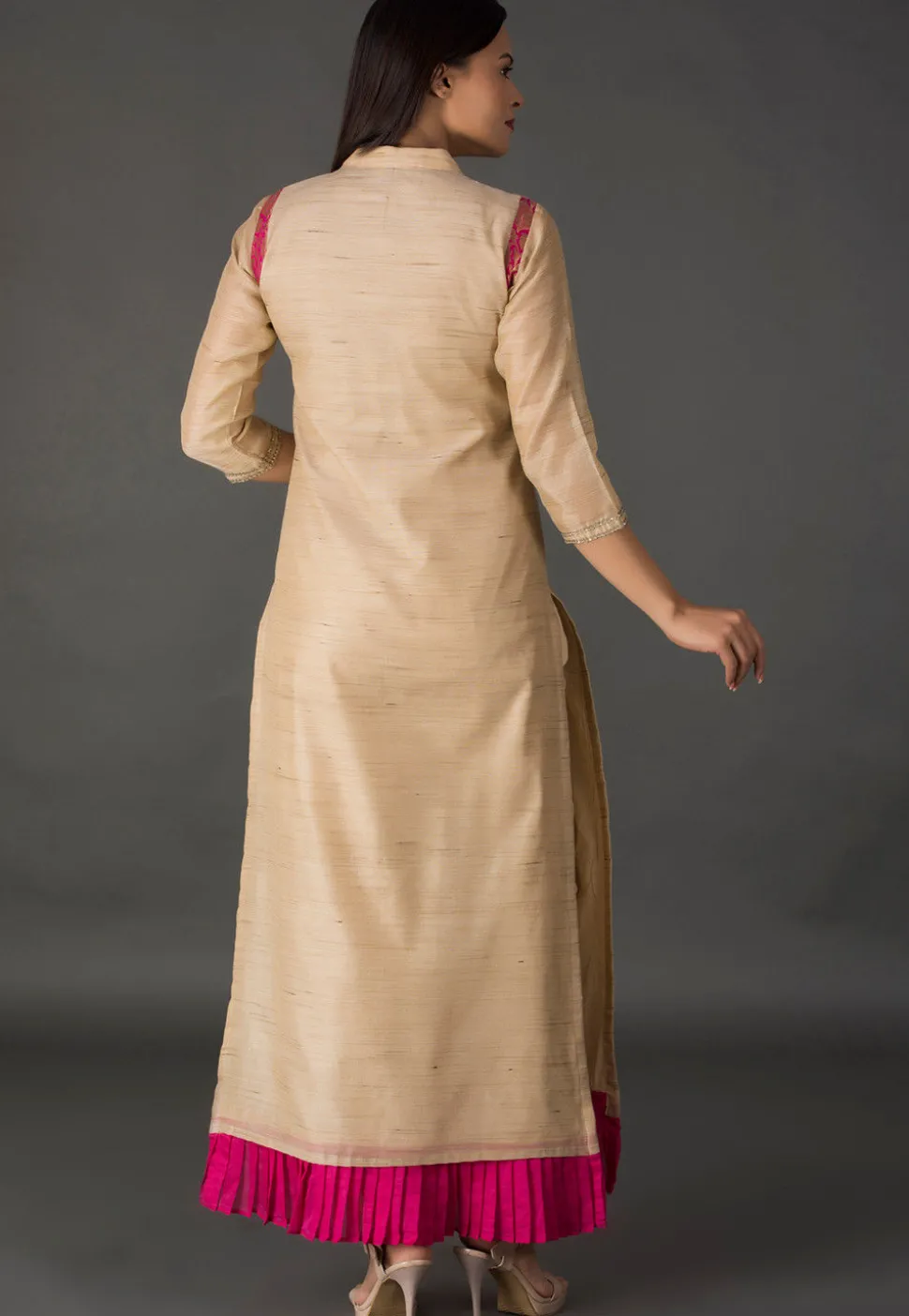 Woven Chanderi Silk Jacquard Straight Suit in Beige
