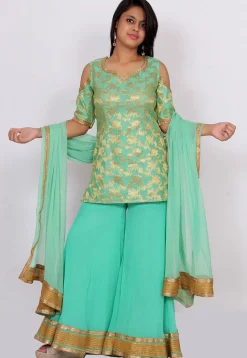 Woven Chanderi Silk Jacquard Pakistani Suit in Sea Green