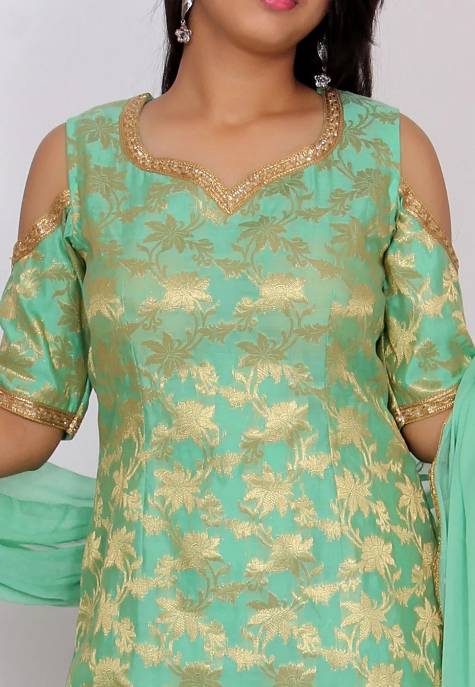 Woven Chanderi Silk Jacquard Pakistani Suit in Sea Green