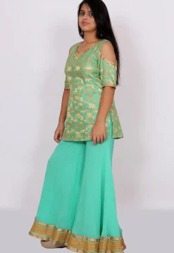 Woven Chanderi Silk Jacquard Pakistani Suit in Sea Green