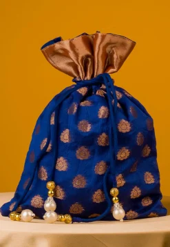 Woven Chanderi Silk Jacquard Potli Bag in Royal Blue