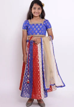 Woven Chanderi Silk Jacquard Lehenga in Multicolor and Royal Blue