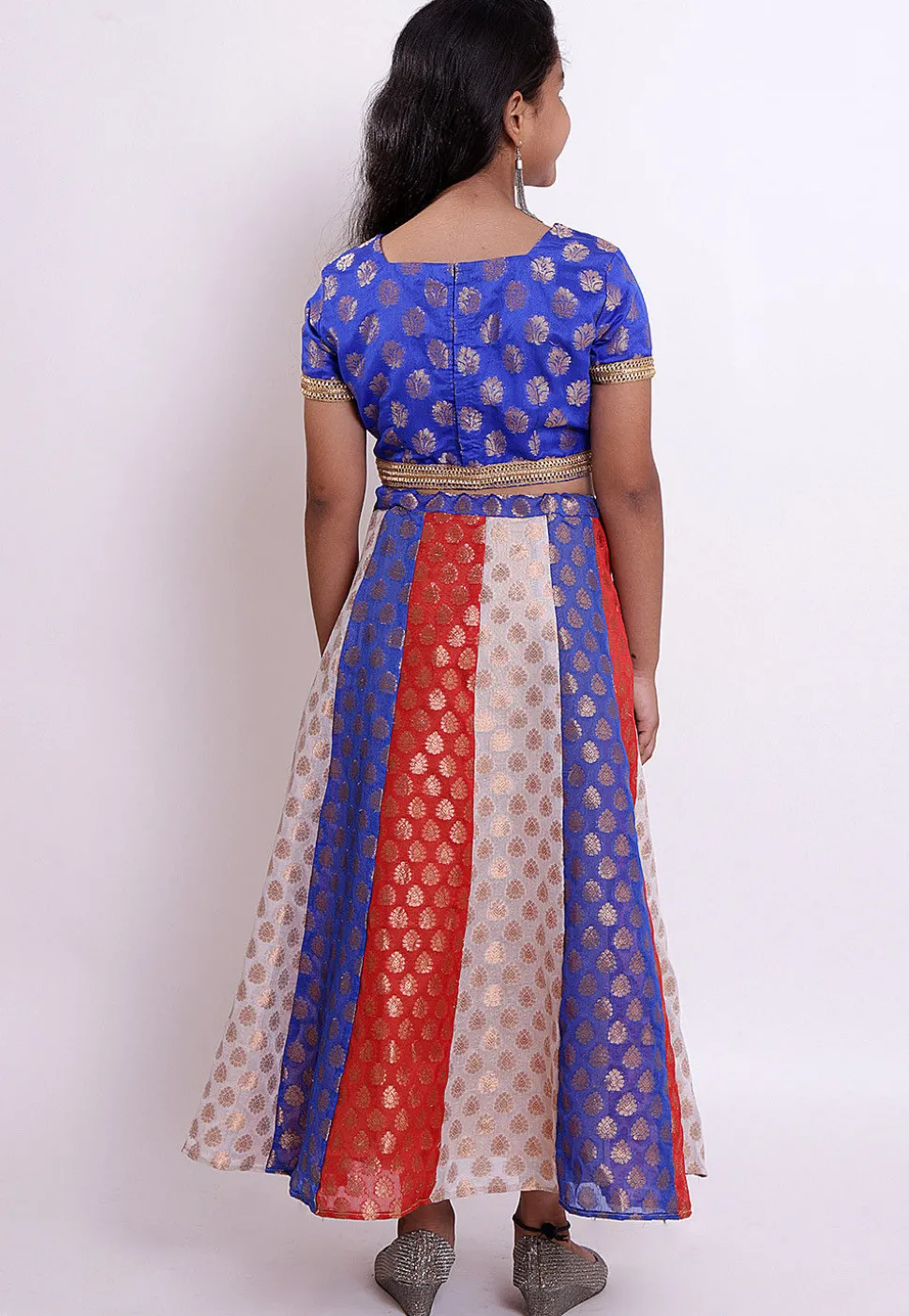 Woven Chanderi Silk Jacquard Lehenga in Multicolor and Royal Blue