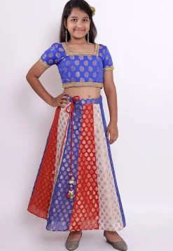 Woven Chanderi Silk Jacquard Lehenga in Multicolor and Royal Blue