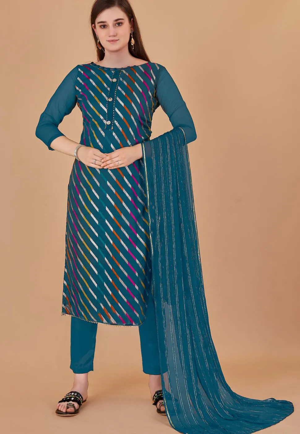 Woven Chanderi Silk Jacquard Pakistani Suit in Teal Blue