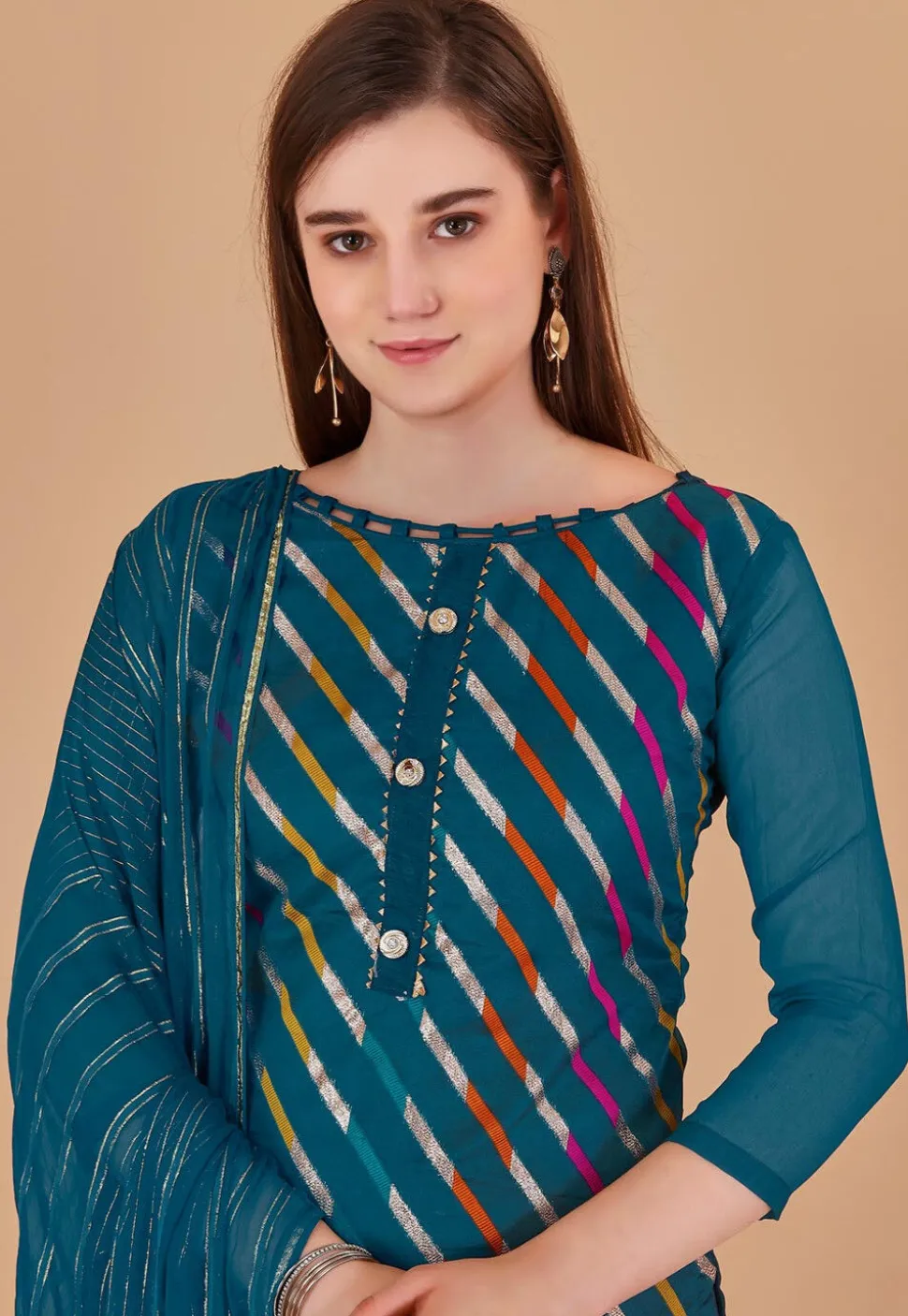 Woven Chanderi Silk Jacquard Pakistani Suit in Teal Blue