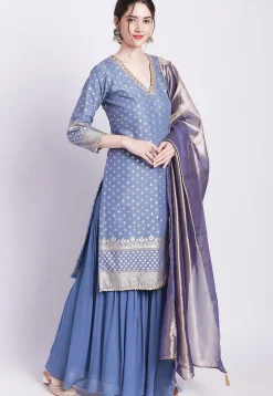 Woven Chanderi Silk Jacquard Pakistani Suit in Dusty Blue