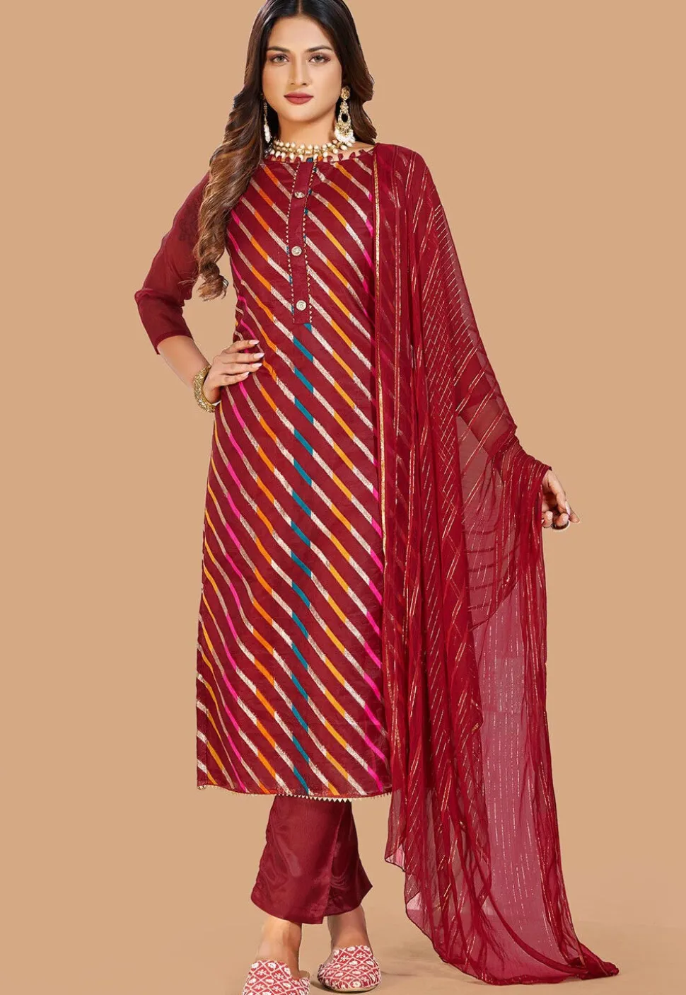 Woven Chanderi Silk Jacquard Pakistani Suit in Red