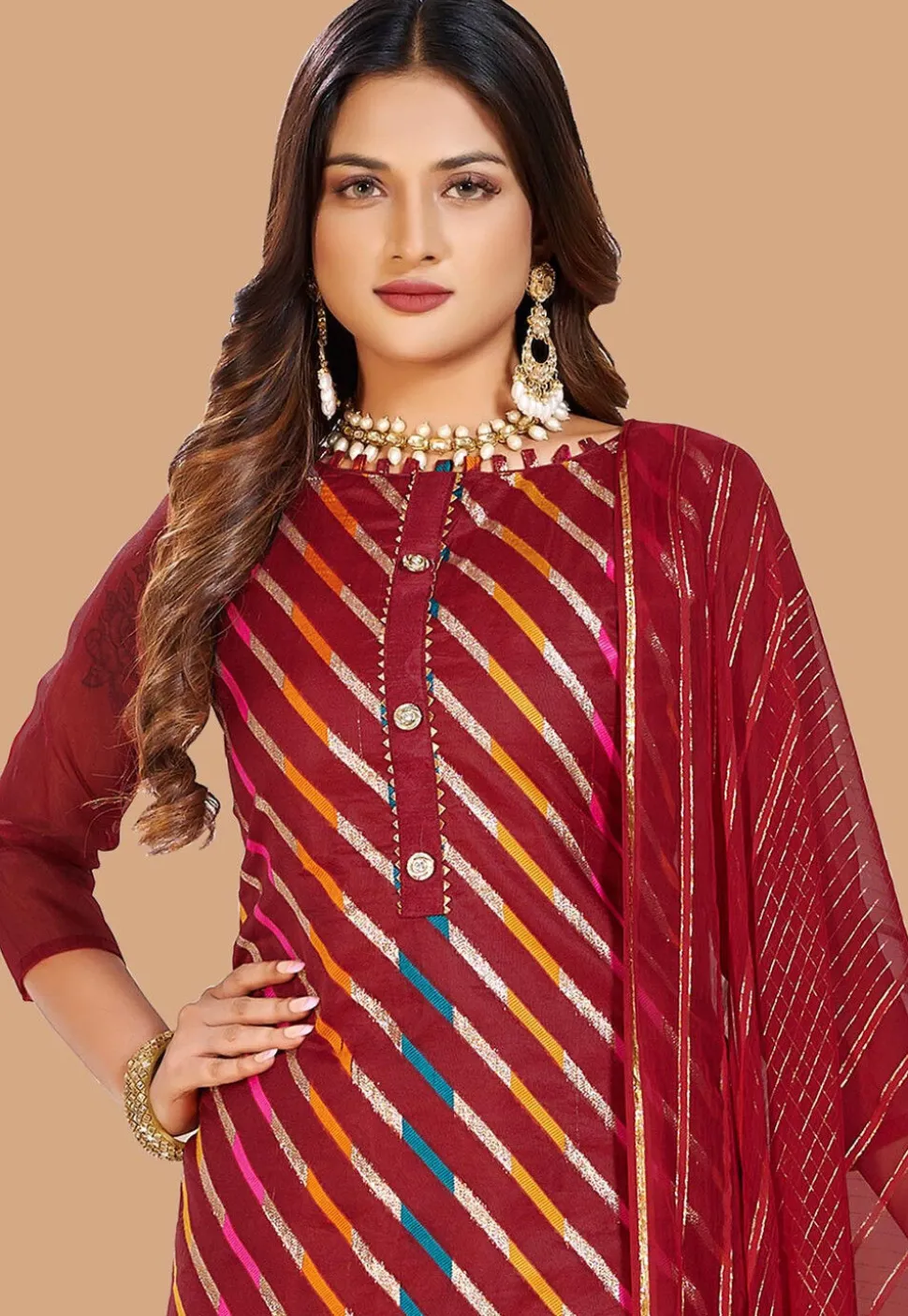 Woven Chanderi Silk Jacquard Pakistani Suit in Red