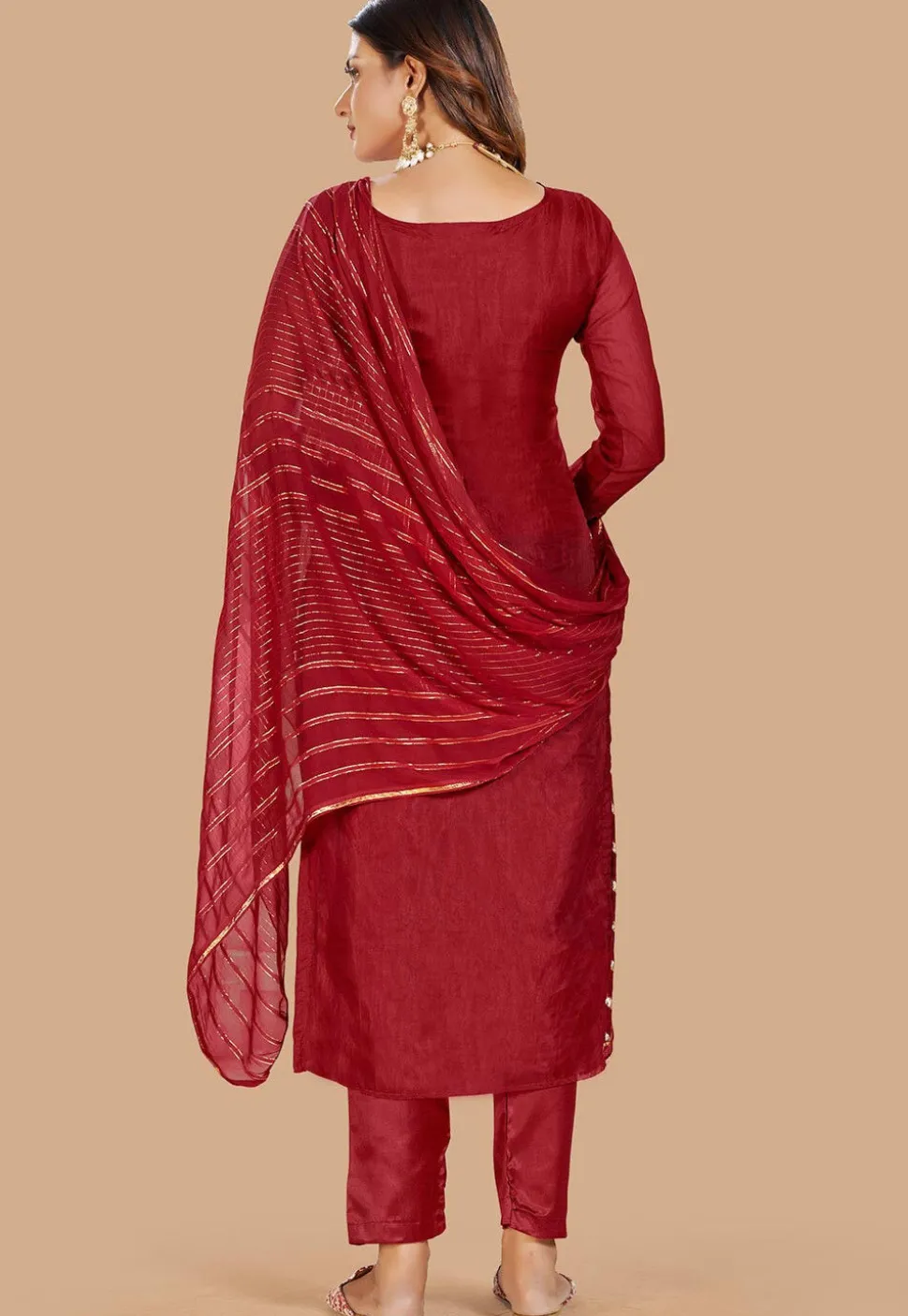 Woven Chanderi Silk Jacquard Pakistani Suit in Red