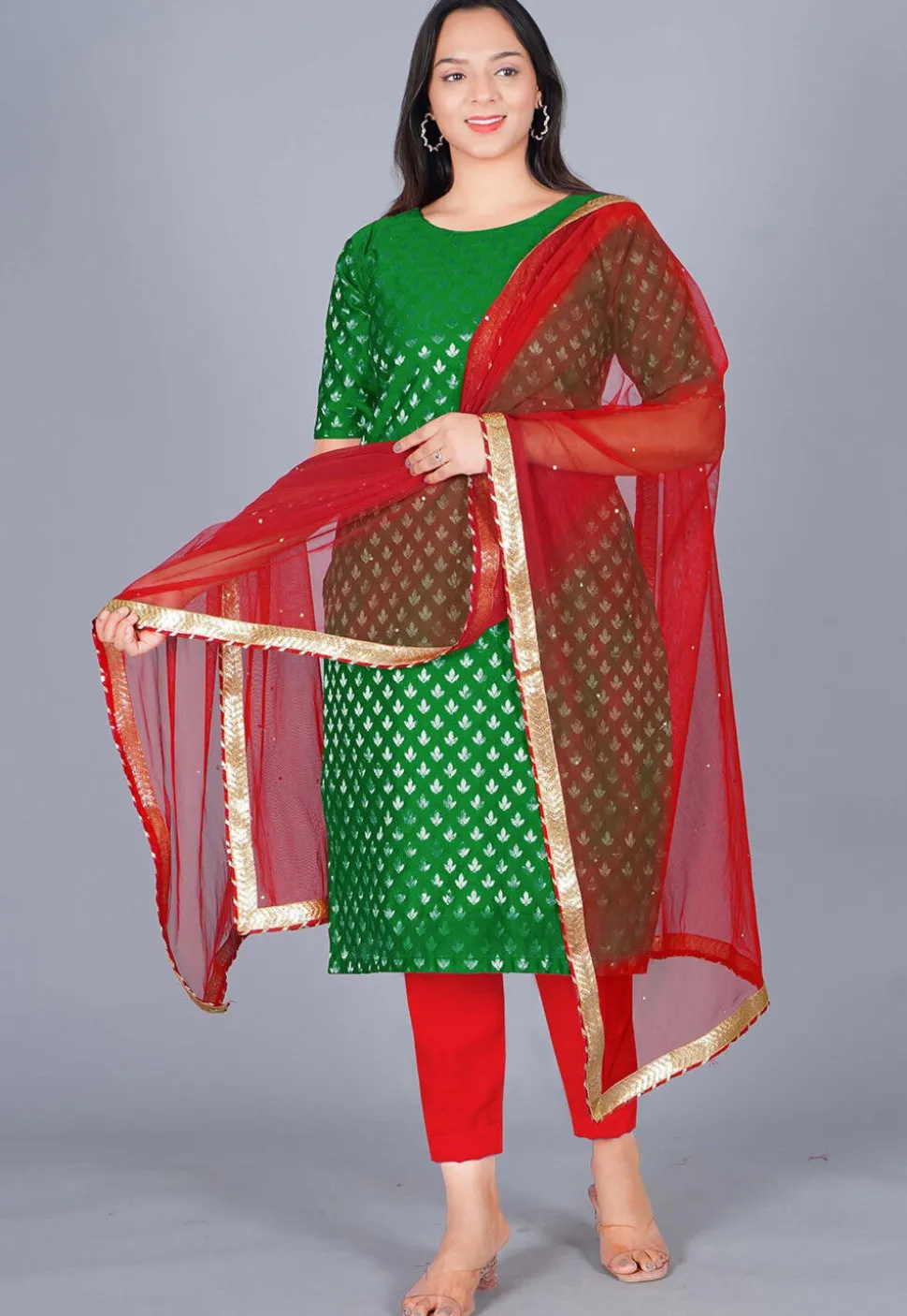 Woven Chanderi Silk Jacquard Pakistani Suit in Dark Green