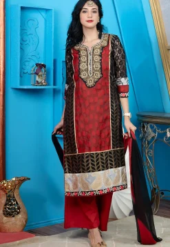 Woven Chanderi Silk Jacquard Pakistani Suit in Maroon