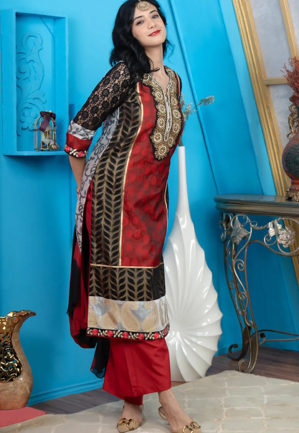 Woven Chanderi Silk Jacquard Pakistani Suit in Maroon