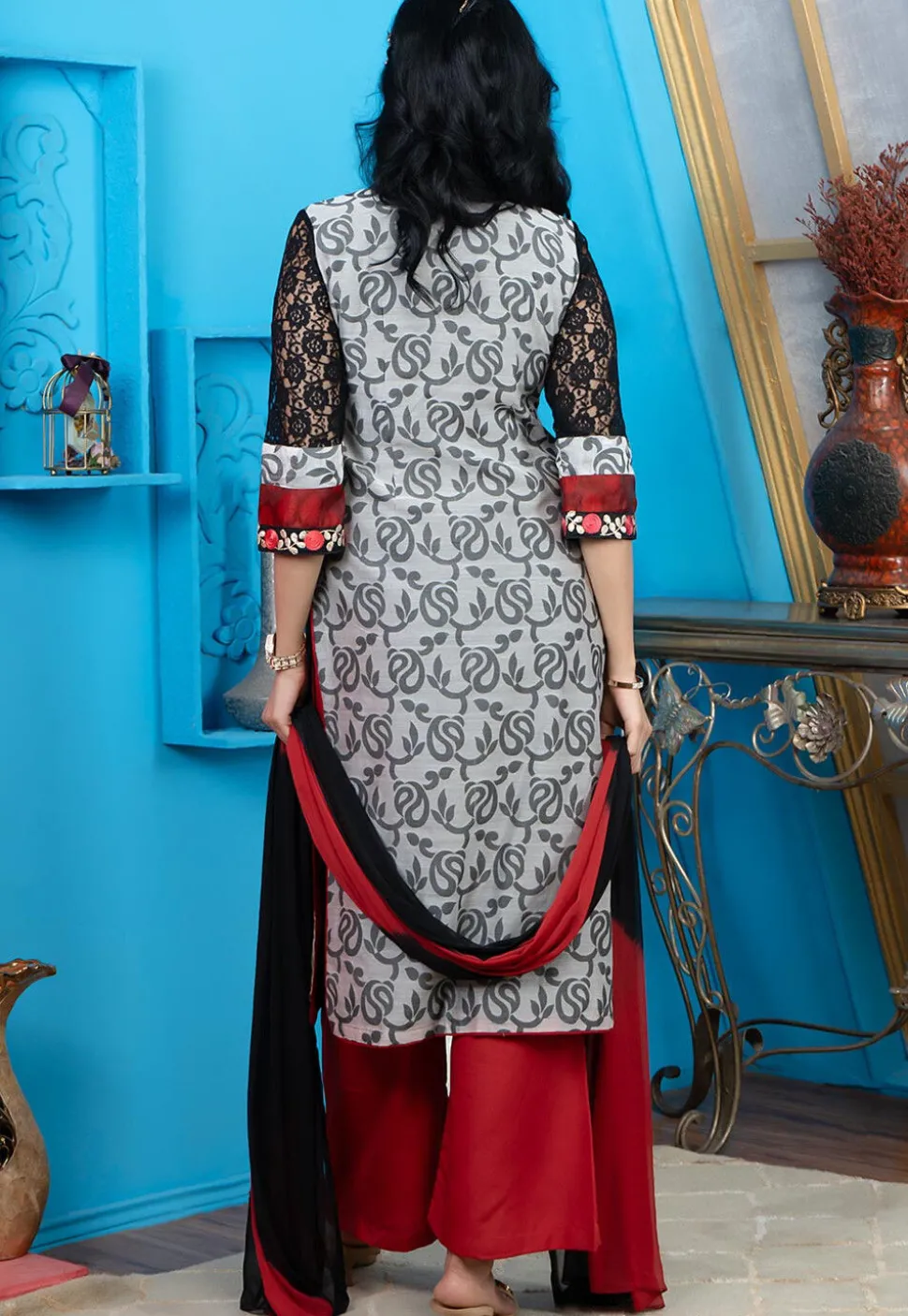 Woven Chanderi Silk Jacquard Pakistani Suit in Maroon
