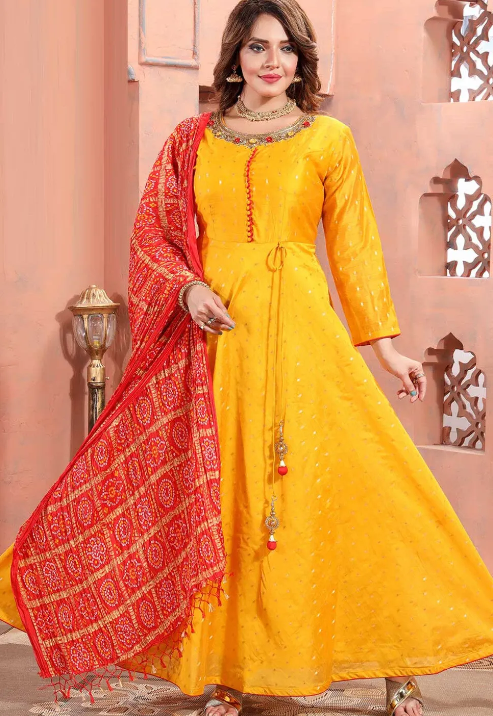 Woven Chanderi Silk Jacquard Abaya Style Suit in Mustard