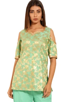 Woven Chanderi Silk Jacquard Kurti in Light Green