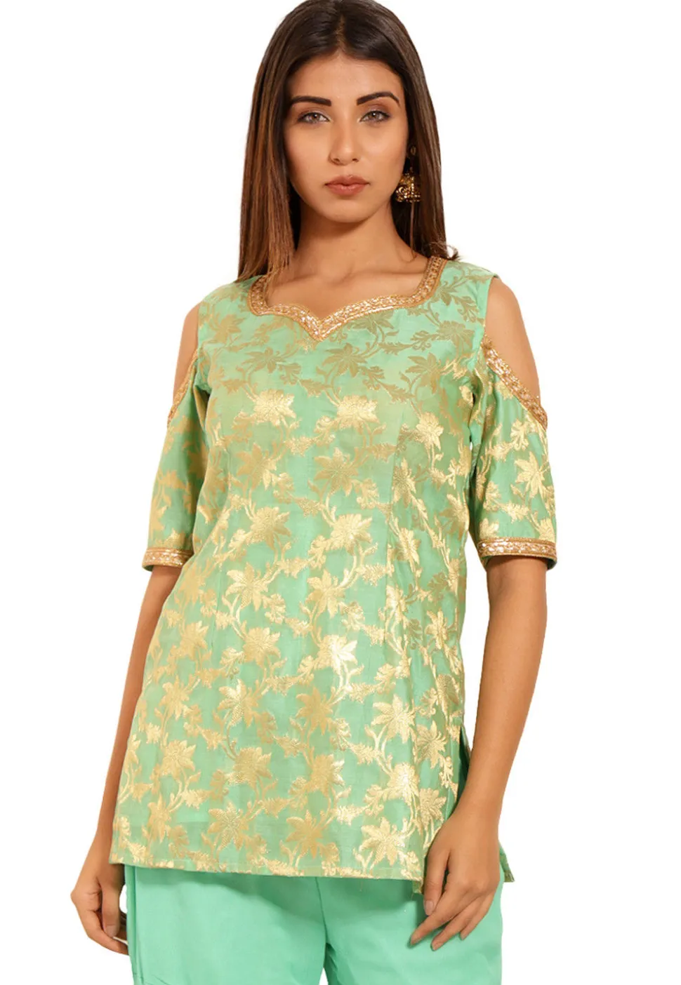 Woven Chanderi Silk Jacquard Kurti in Light Green