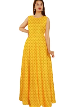 Woven Chanderi Silk Jacquard Flared Gown in Yellow