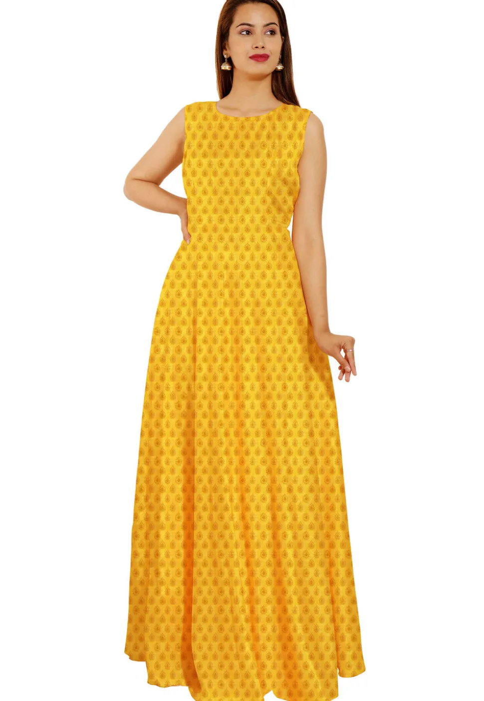 Woven Chanderi Silk Jacquard Flared Gown in Yellow