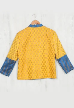 Woven Chanderi Silk Kids Jacket in Yellow and Teal Blue