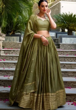 Woven Chanderi Silk Lehenga in Dark Olive Green