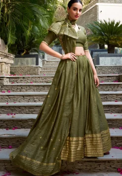 Woven Chanderi Silk Lehenga in Dark Olive Green