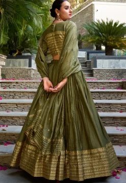Woven Chanderi Silk Lehenga in Dark Olive Green