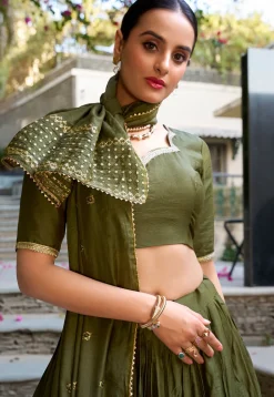 Woven Chanderi Silk Lehenga in Dark Olive Green