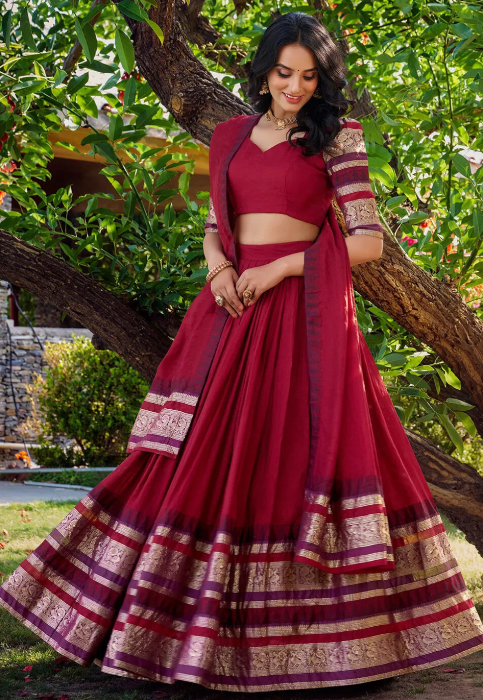 Woven Chanderi Silk Lehenga in Red