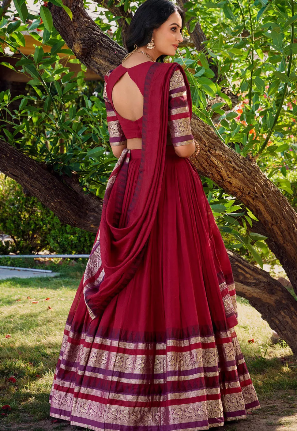 Woven Chanderi Silk Lehenga in Red