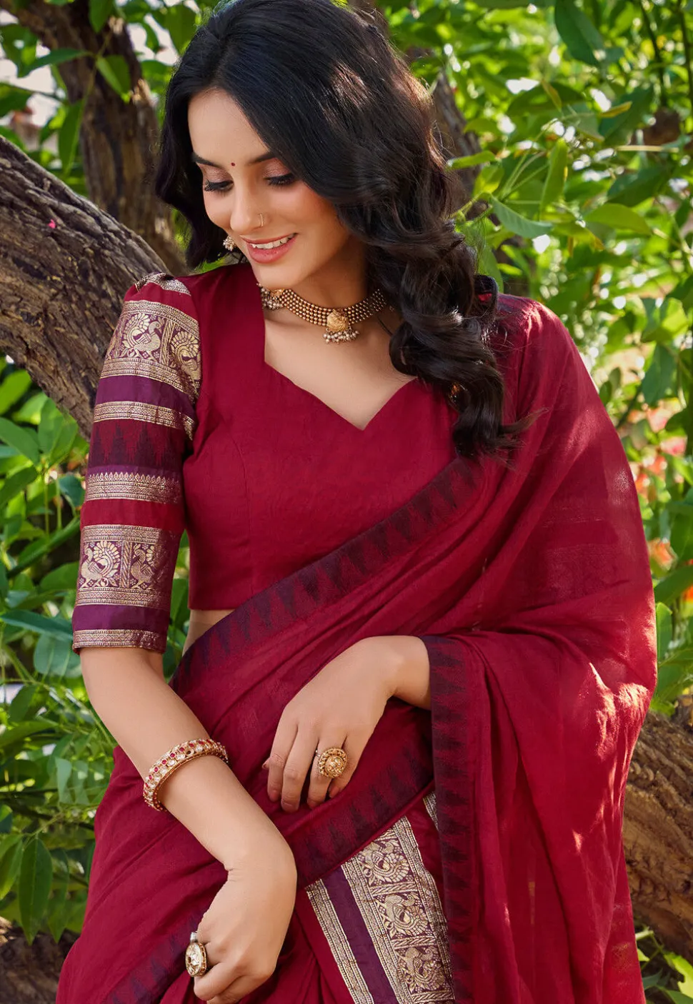 Woven Chanderi Silk Lehenga in Red