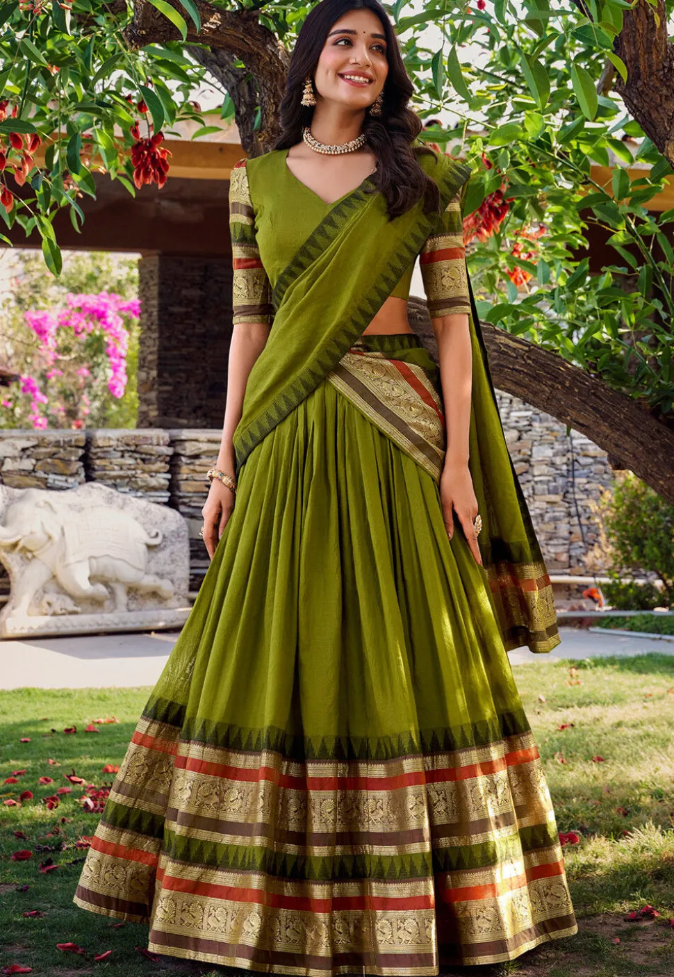 Woven Chanderi Silk Lehenga in Olive Green