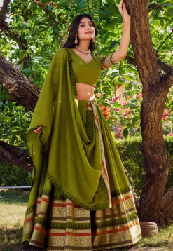 Woven Chanderi Silk Lehenga in Olive Green