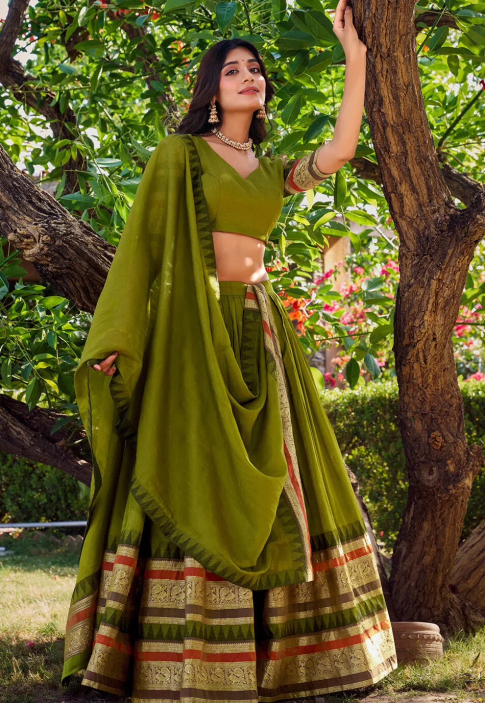 Woven Chanderi Silk Lehenga in Olive Green