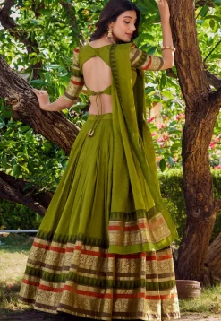 Woven Chanderi Silk Lehenga in Olive Green