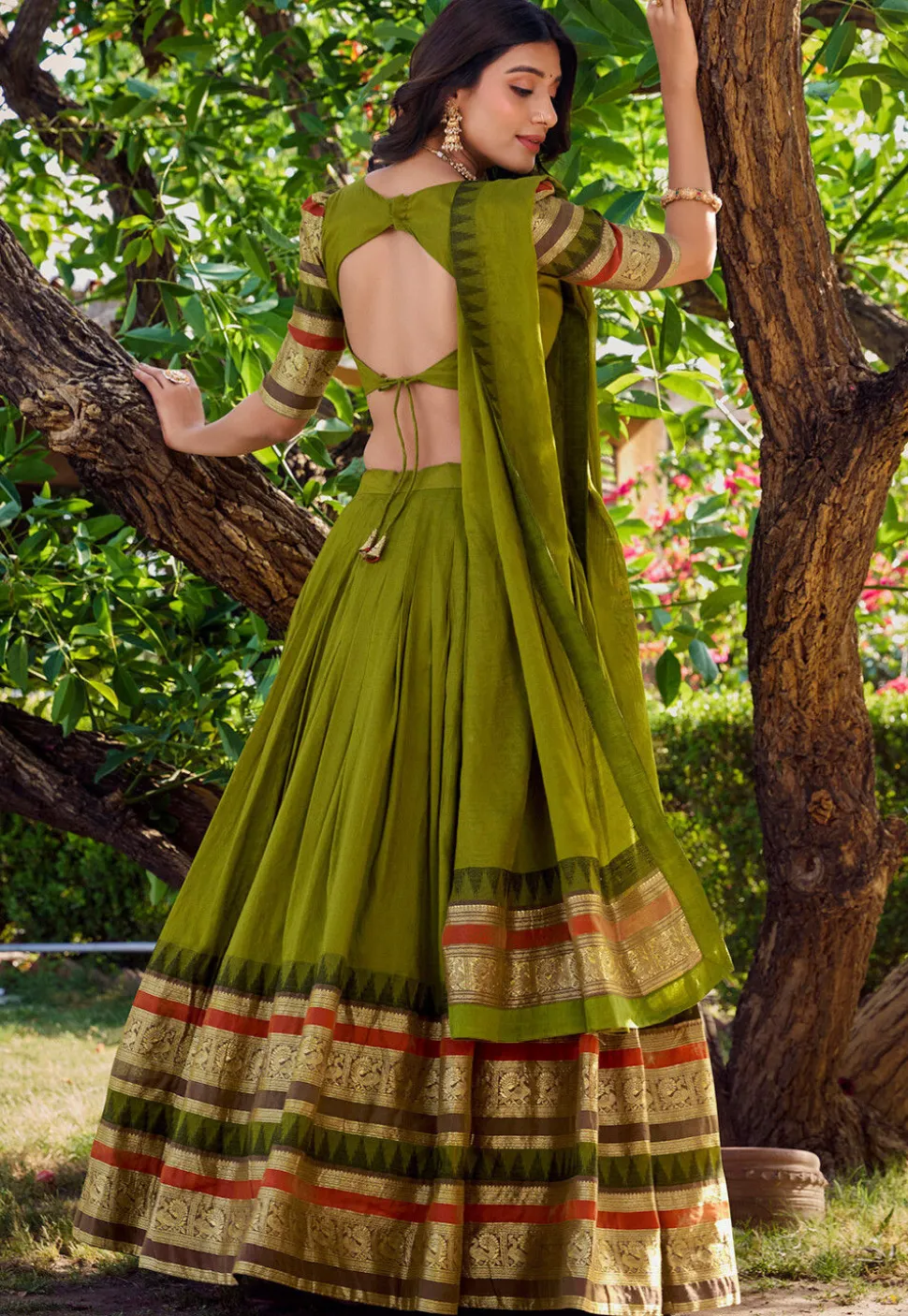 Woven Chanderi Silk Lehenga in Olive Green