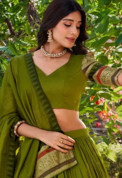 Woven Chanderi Silk Lehenga in Olive Green