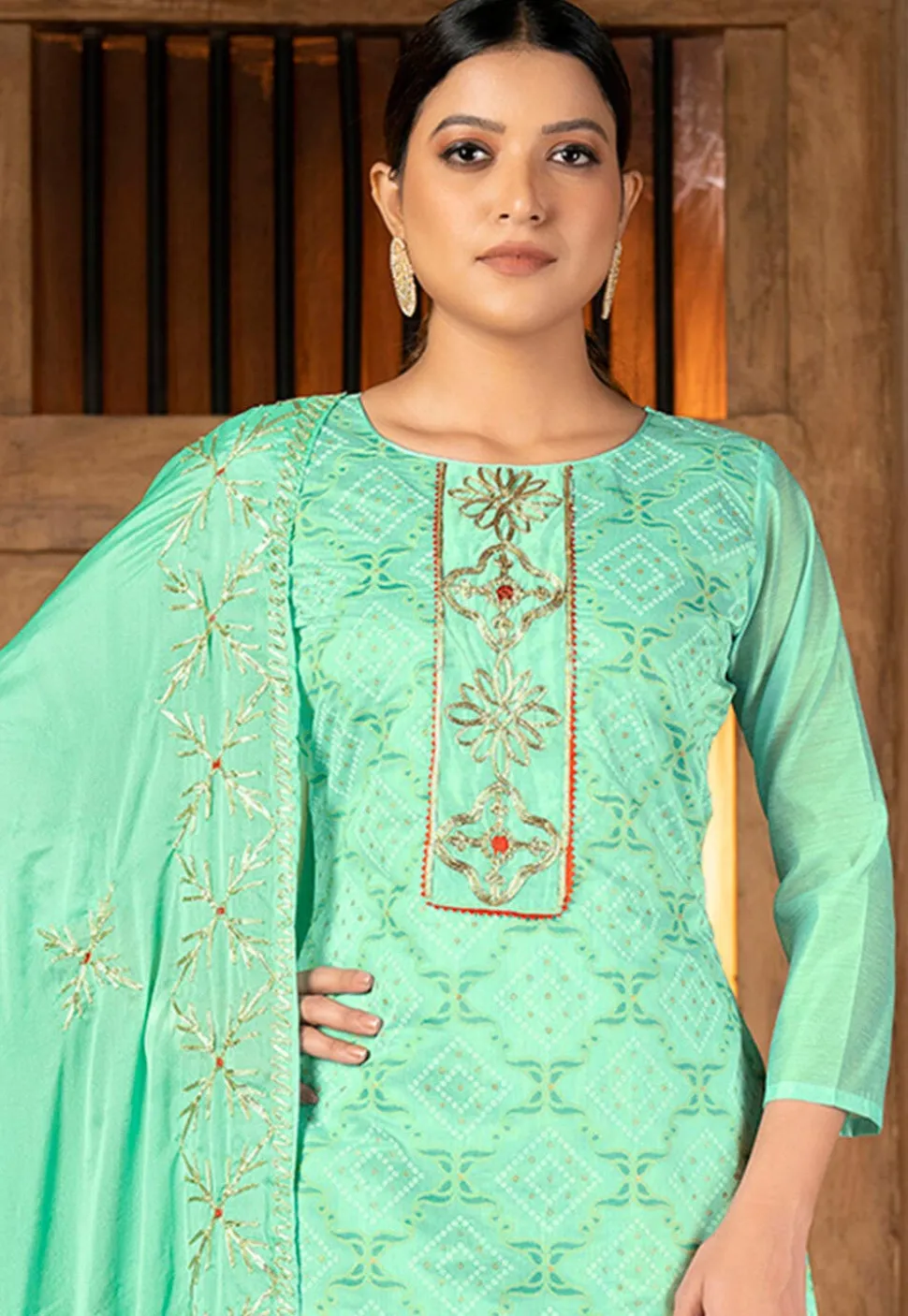 Woven Chanderi Silk Pakistani Suit in Sea Green