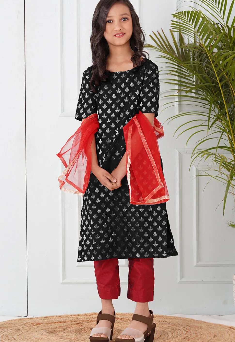 Woven Chanderi Silk Pakistani Suit in Black