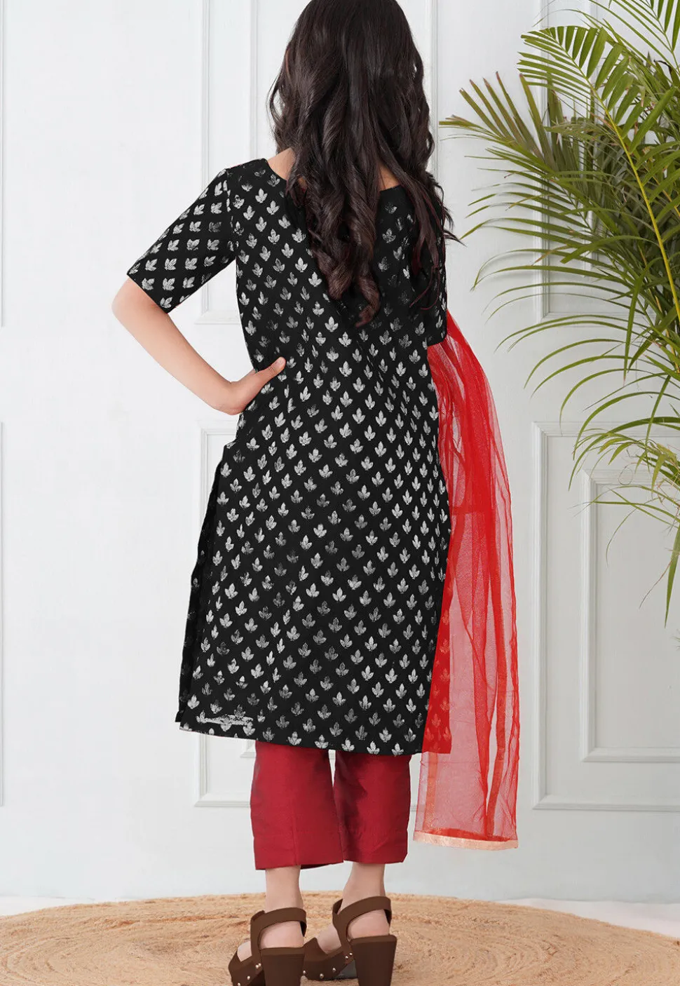 Woven Chanderi Silk Pakistani Suit in Black