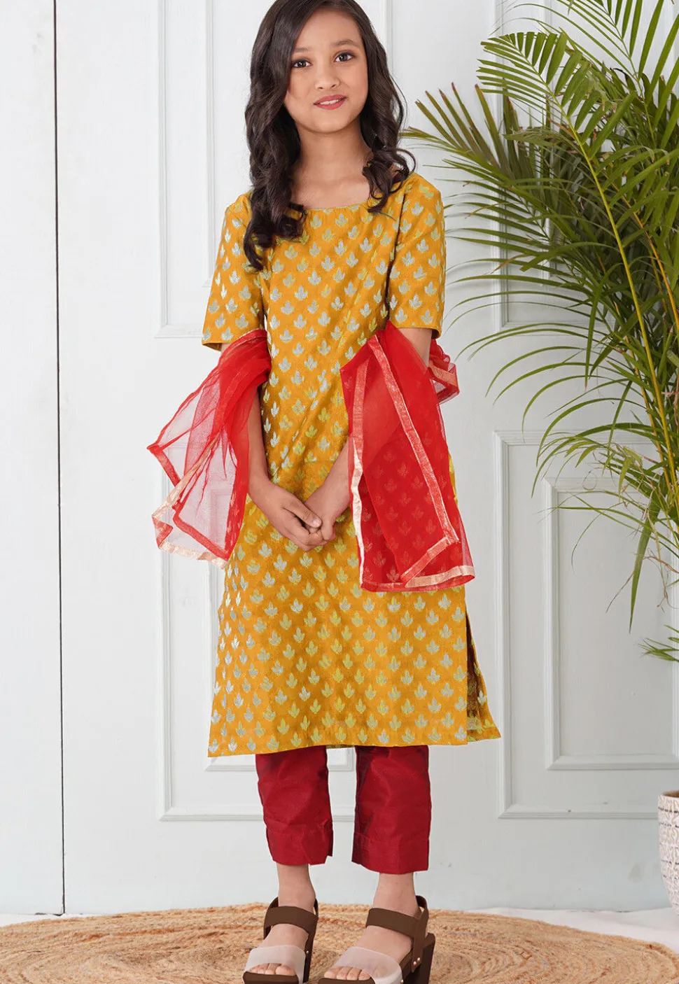 Woven Chanderi Silk Pakistani Suit in Mustard