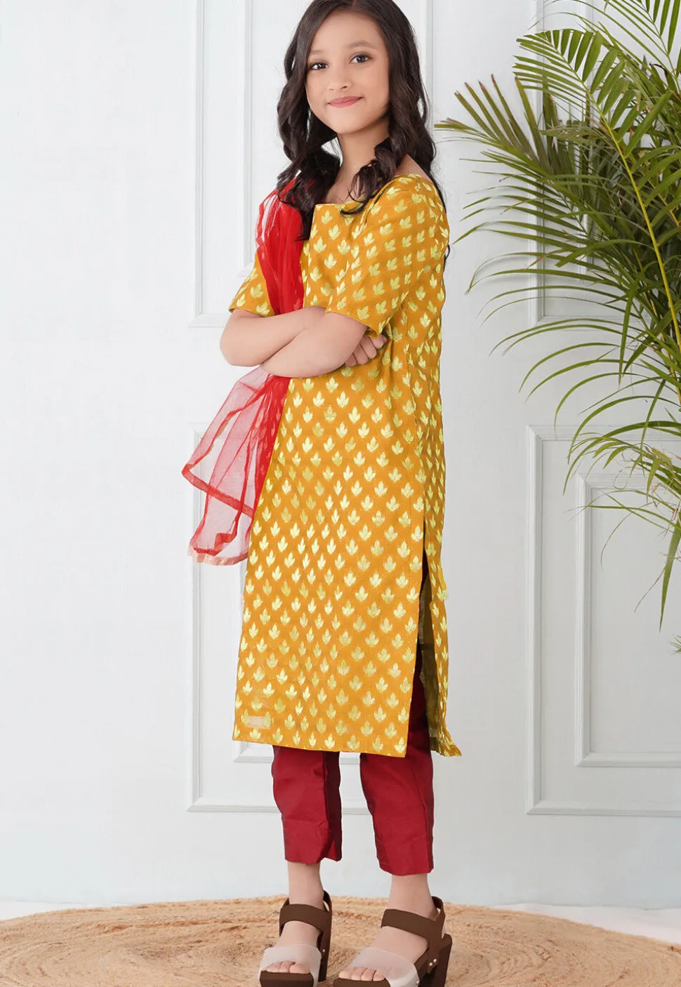Woven Chanderi Silk Pakistani Suit in Mustard